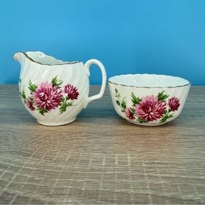 Vintage Adderley Fine Bone China Creamer & Sugar Bowl Set, Pink Mums, England